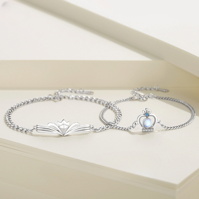 Sterling Silver Couple Bracelets Of Crown, made of 925 sterling silver, Men's bracelet sterling silver crown, women's bracelet queen crown setting moonstone