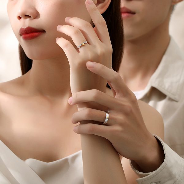 Silver Couple rings With Engraved Sun And Moon, couple wear view image,