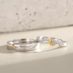 Anillos de pareja de plata vintage con diseño de sol y luna - A juego