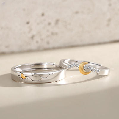 Sterling Silver Couples rings With Engraved Sun And Moon, Sun and moon detail on the couple ring, made of 925 sterling silver