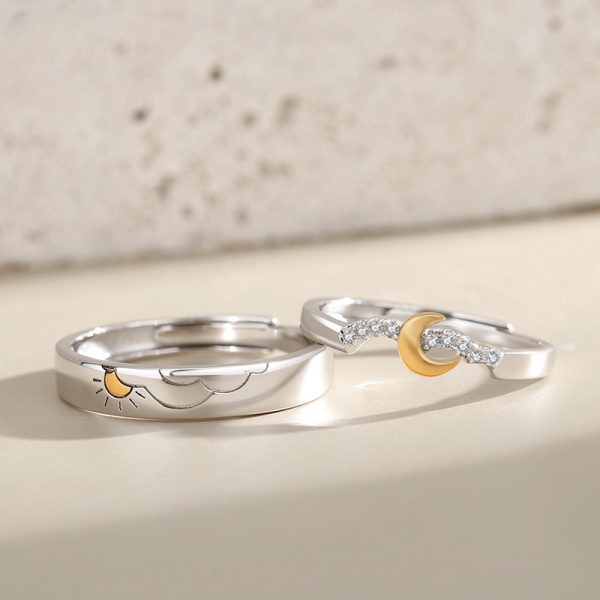 Sterling Silver Couples rings With Engraved Sun And Moon, Sun and moon detail on the couple ring, made of 925 sterling silver