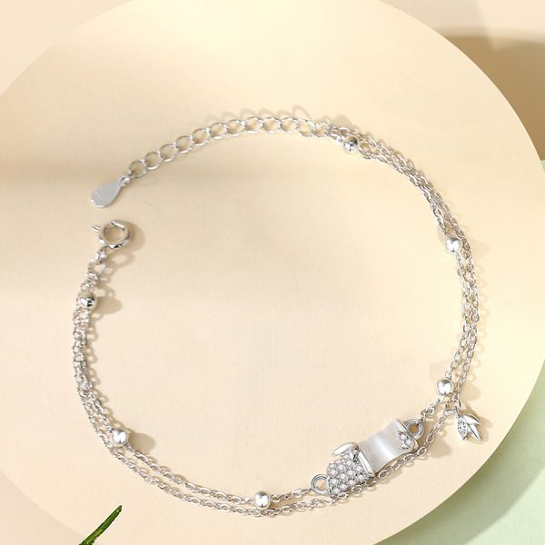 Sterling Silver With Bamboo Jade Bracelet of White