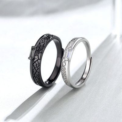 White And Black 925 Sterling Silver Ring For Couples, made of 925 sterling silver and zirconia stones, Surface features vintage-style engraved textures.