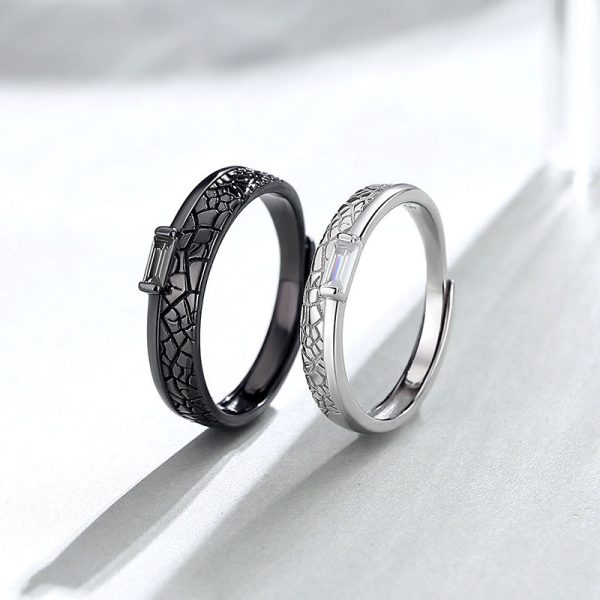 White And Black 925 Sterling Silver Ring For Couples, made of 925 sterling silver and zirconia stones, Surface features vintage-style engraved textures.