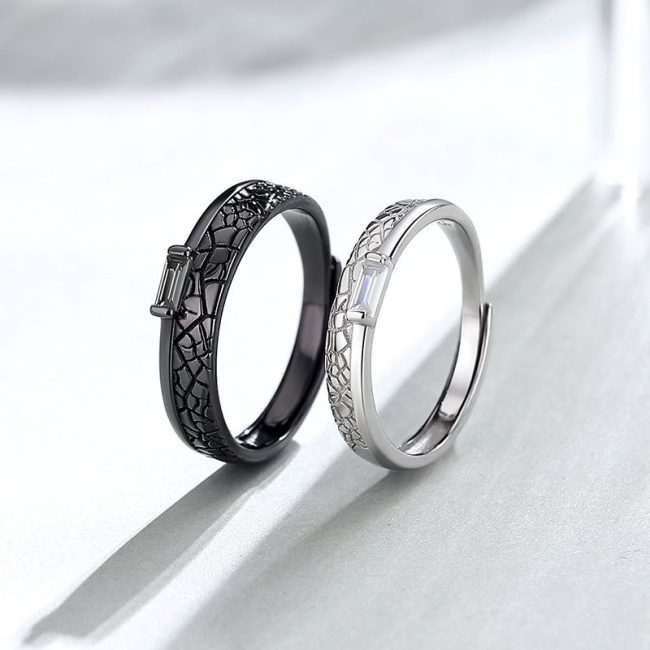 White And Black 925 Sterling Silver Rings For Couples, made of 925 sterling silver and zirconia stones, Surface features vintage-style engraved textures.