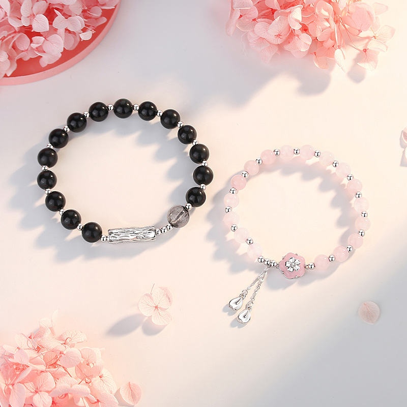 Gemstone And Silver Couple Bracelet Of Obsidian Rose Quartz video thumbnail