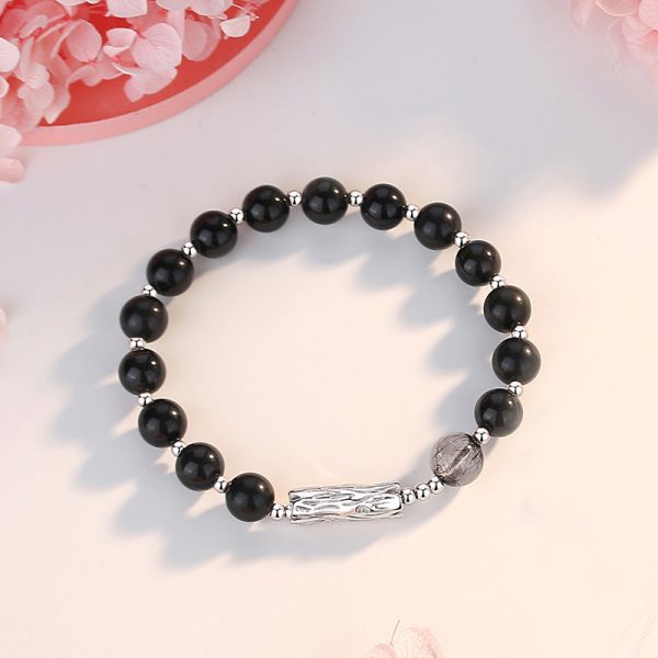 Gemstone And Silver Couple Bracelet Of Obsidian Rose Quartz for men