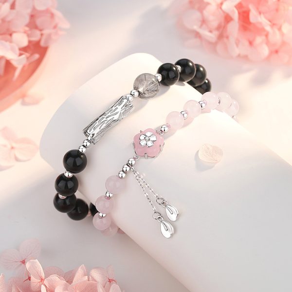 Gemstone And Silver Couple Bracelets Of Obsidian Rose Quartz