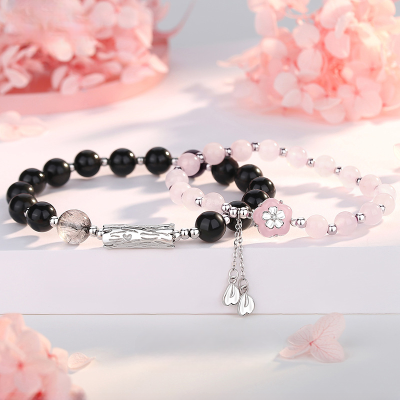 Silver Couple Bracelets Of Obsidian Rose Quartz