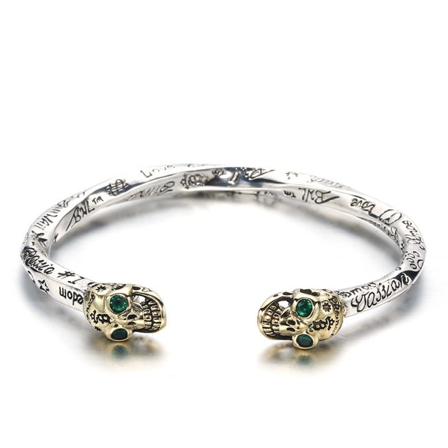 Sterling Silver Bangle Bracelet Of Twistd Skull Cuff Front View