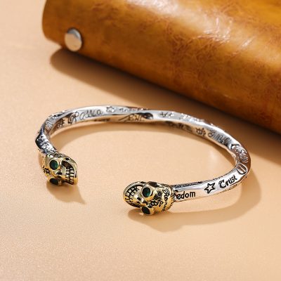 Sterling silver twisted skull cuff bangle bracelets for women, made of sterling silver