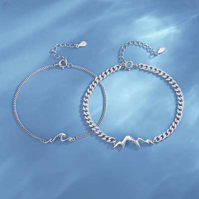 Sterling Silver Couples Bracelet Of Mountain And Sea, chain detail view