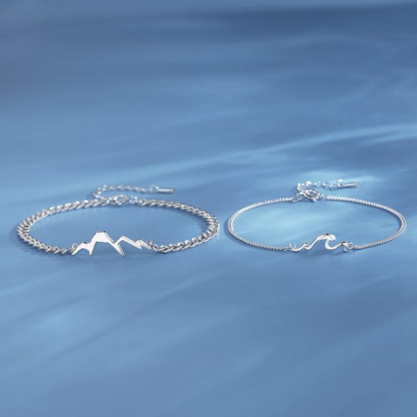 couple bracelets silver of Mountain and sea, Men's bracelet mountain shape silver pendant, Women's bracelet sea wave shaped silver pendant