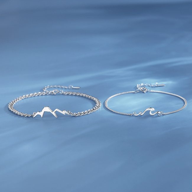 couple bracelets silver of Mountain and sea, Men's bracelet mountain shape silver pendant, Women's bracelet sea wave shaped silver pendant