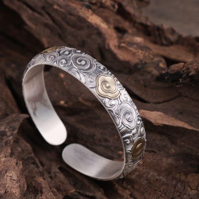 999 Silver Bangle Bracelet for Chinese Style Auspicious Clouds, made of s999 silver, weight about 56g