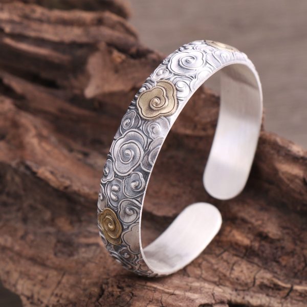 999 Silver Bangle Bracelet for Chinese Style Auspicious Clouds right view