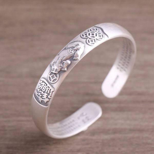 999 Silver Chinese Feng Shui Wealth Bangle for men, Chinese Vintage style, inner diameter 57mm
