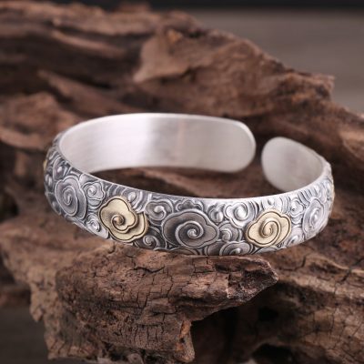 999 Silver Chinese Style Auspicious Clouds Bangle Bracelet, Symbolizes peace and health