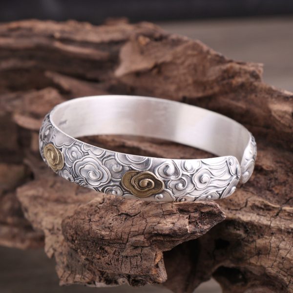999 Silver Chinese Style Auspicious Clouds Bangle Bracelet left view