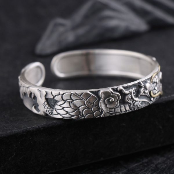 999 Sterling Silver Bangle Bracelet for Powerful Dragon, Three-dimensional carved Chinese dragon