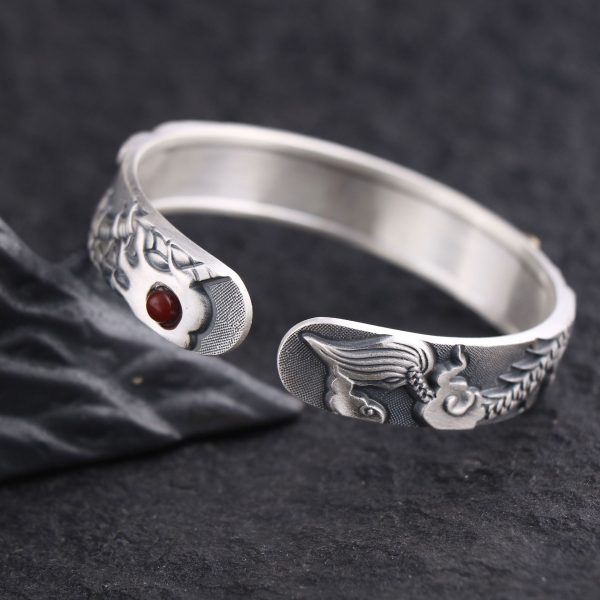 999 Sterling Silver Powerful Dragon Bangle Bracelet for men. back detail view