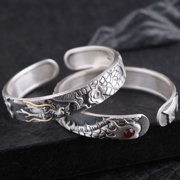 999 Sterling Silver Powerful Dragon Bangle for men， detail view image
