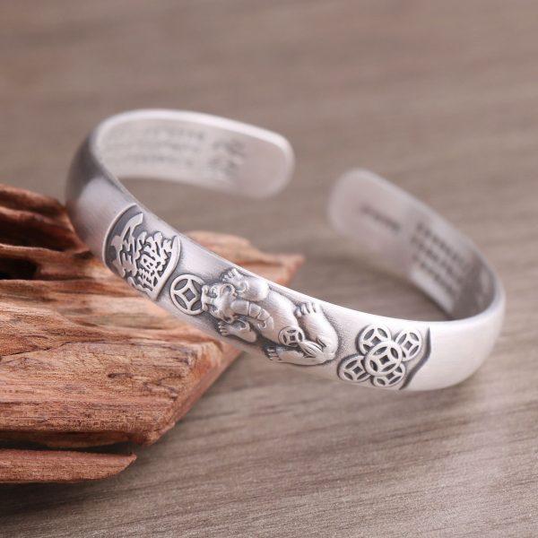 Chinese Feng Shui Wealth 999 Sterling Silver Bangle for men, front view