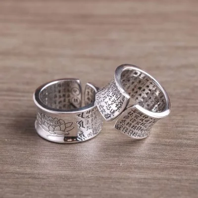 Mens Sterling Silver Ring for Lotus Hear Sutra, detail view