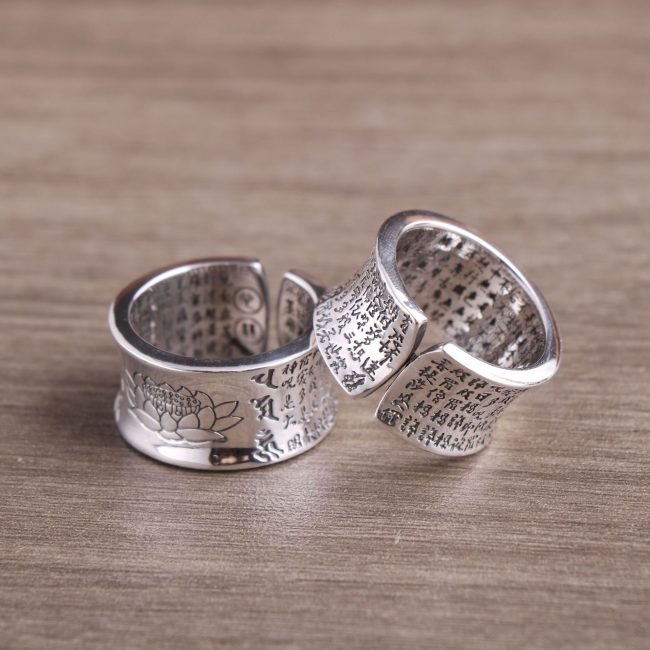 Mens Sterling Silver Ring for Lotus Hear Sutra, detail view
