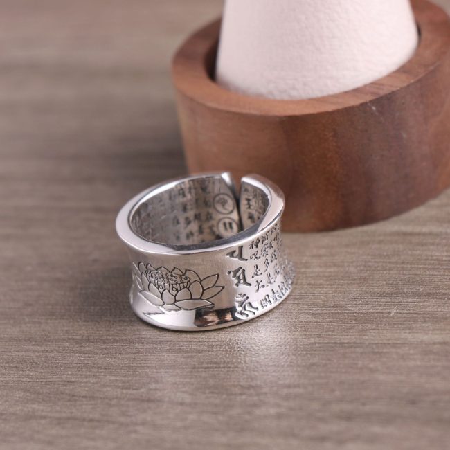Mens Sterling Silver Ring for Lotus Hear Sutra Front View