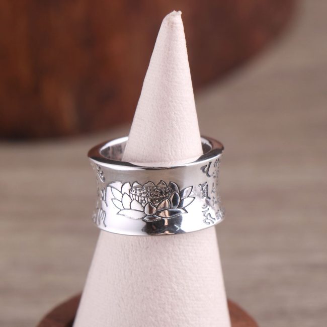Mens Sterling Silver Ring for Lotus Hear Sutra detail view