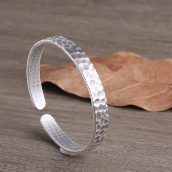 S999 Silver Bangle Bracelet Of Hand Hammered Left view