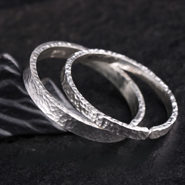 Silver Bangles Bracelet Of Hand Made Hammered Pair of Bracelets left view