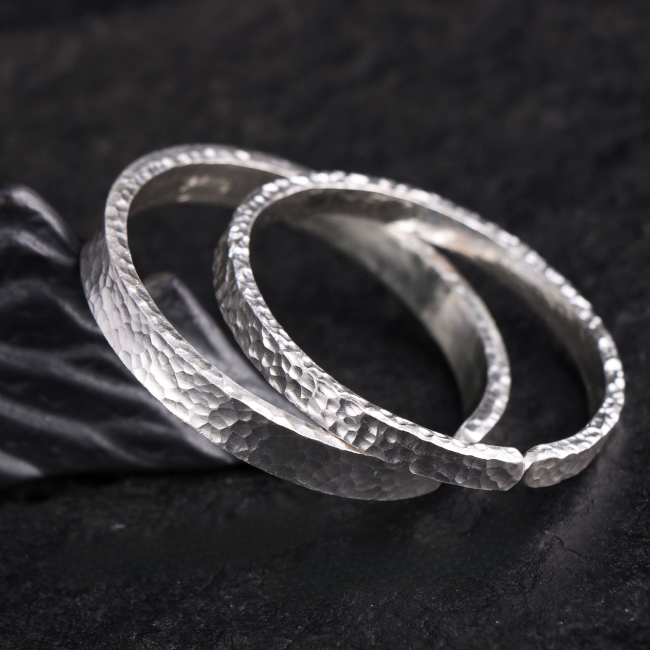 Silver Bangles Bracelet Of Hand Made Hammered Pair of Bracelets left view