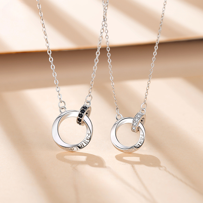 Silver Couple Necklace With Double Mobius Strip Pendant, Matching Design