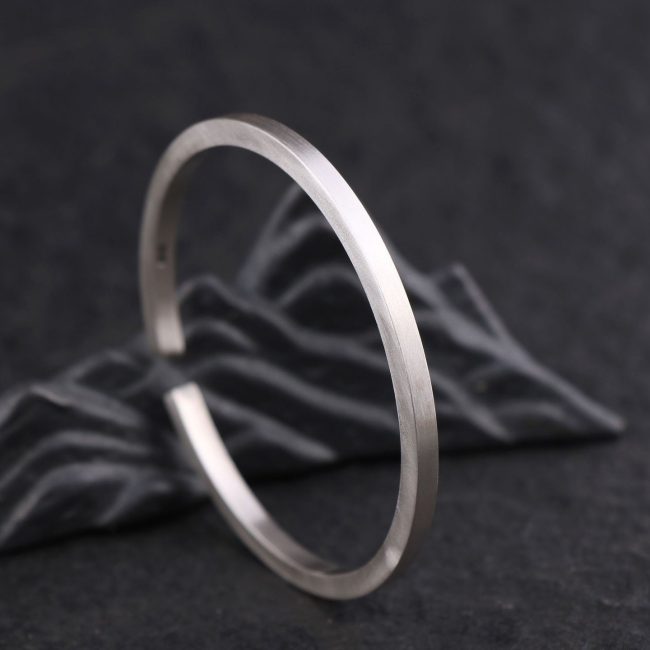 Simple Square Bar Sterling Silver Bangle for men, left view