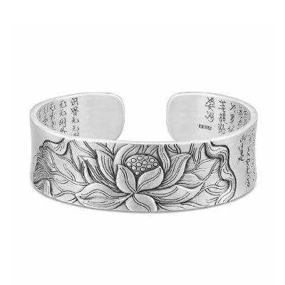 Solid 999 Pure Silver Heart Sutra Bangles