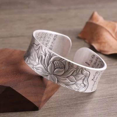Heart sutra solid S999 sterling silver bangle bracelets for women, made of S999 silver,weight about 68g