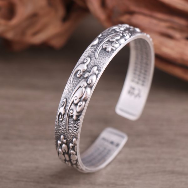 Solid s999 Sterling Silver Bangle bracelets of Heart Sutra, Surface engraved with three-dimensional clouds