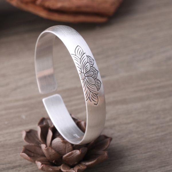 Sterling Silver Bangle of Lotus Flower Engraved, Hand-carved exquisite lotus