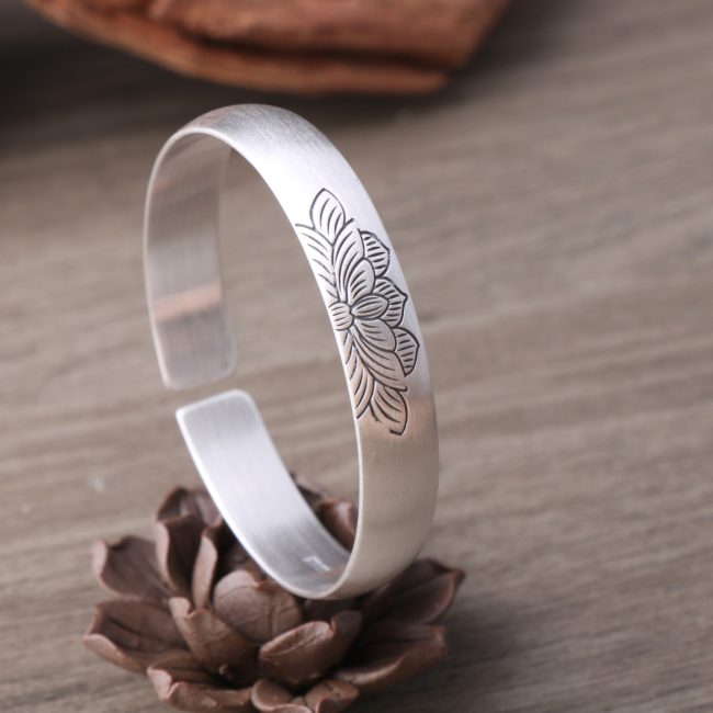 Sterling Silver Bangle of Lotus Flower Engraved, Hand-carved exquisite lotus
