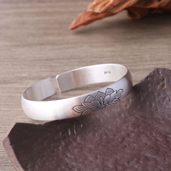 Sterling Silver Bangle of Lotus Flower Engraved for flower detail view