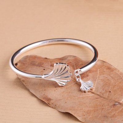 Sterling silver bangle bracelets for women, ginkgo Leaf, made of 999 silver, weight about 24g