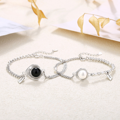 Sterling Silver Couple Bracelets Of Black Onyx and Pearl, made of 925 sterling silver, Black Onyx and Pearl