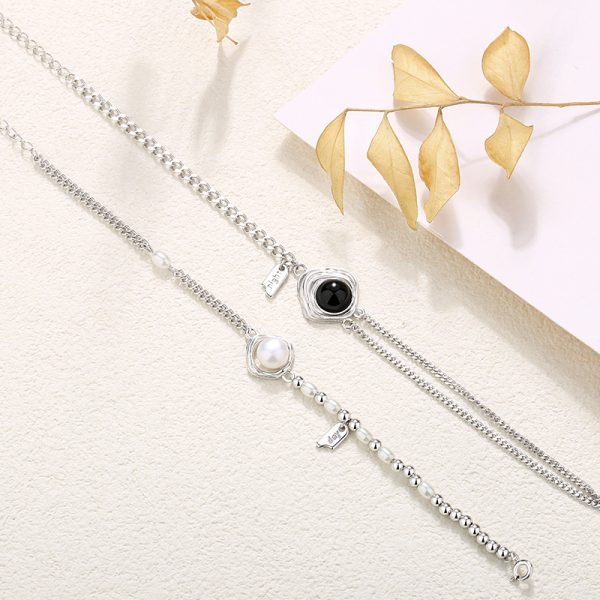 Sterling Silver Couple Bracelet Of Black Onyx and Pearl detail view