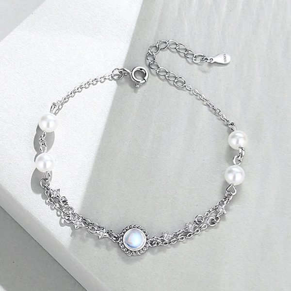 Sterling Silver Couple Star Bracelet for women, silver start and pearl bead bracelet