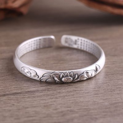 Sterling Silver Flower Engraved bangle bracelets for women, 999 sterling silver handmade