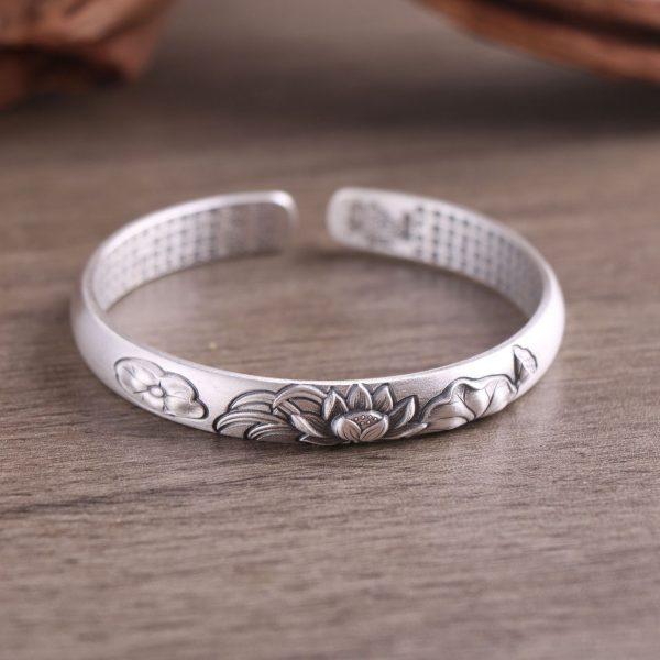 Sterling Silver Flower Engraved bangle bracelets for women, 999 sterling silver handmade