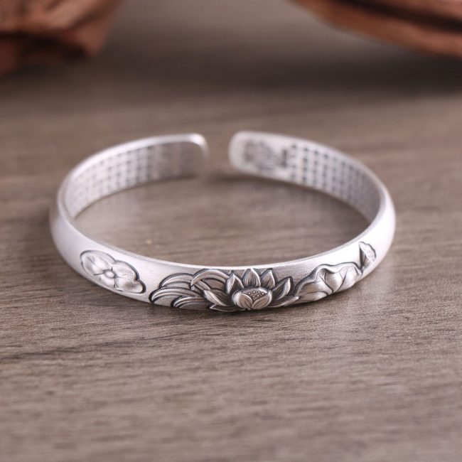 Sterling Silver Flower Engraved bangle bracelets for women, 999 sterling silver handmade
