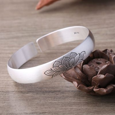 Sterling silver bangles for women, lotus flower engraved, made of 999 silver, weight about 35g